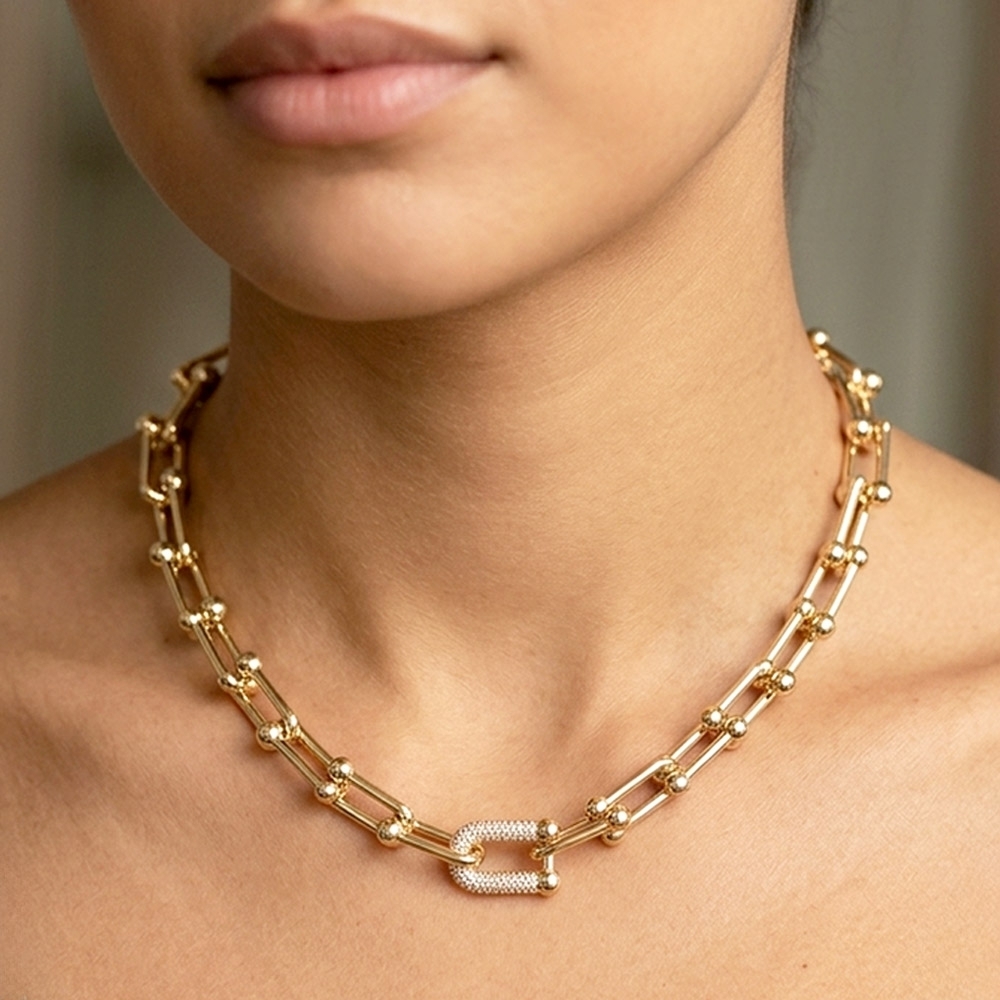 Gold Link Chain Necklace with Pavé Accent